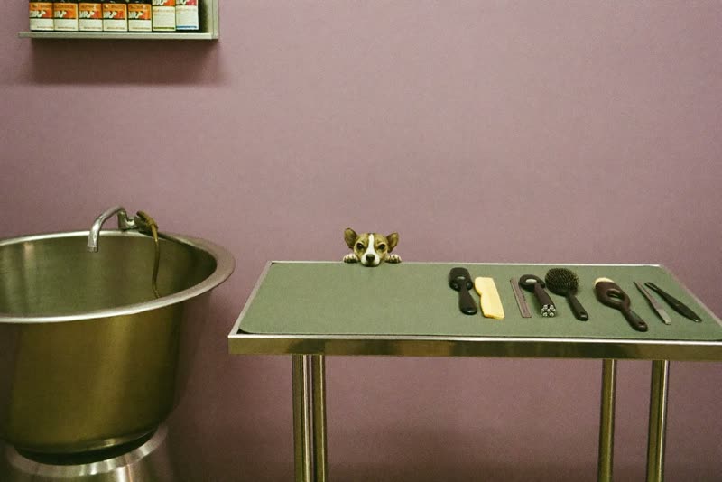 A grooming salon corner with tub, table and tools laid out