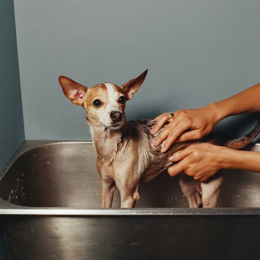 A small dog being shampooed in a grooming tub