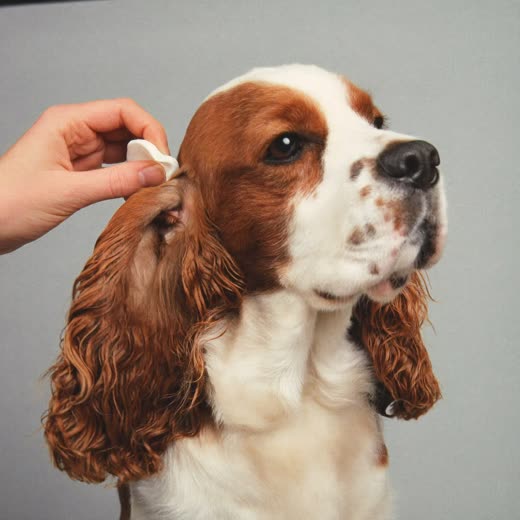 A spaniel having its ear gently cleaned